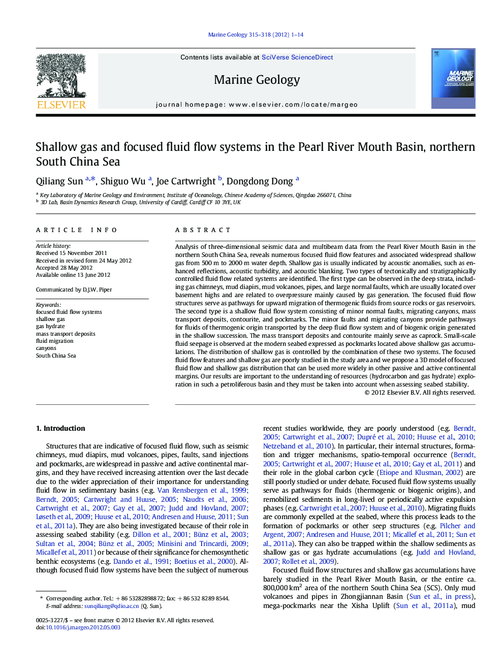 Shallow gas and focused fluid flow systems in the Pearl River Mouth Basin, northern South China Sea