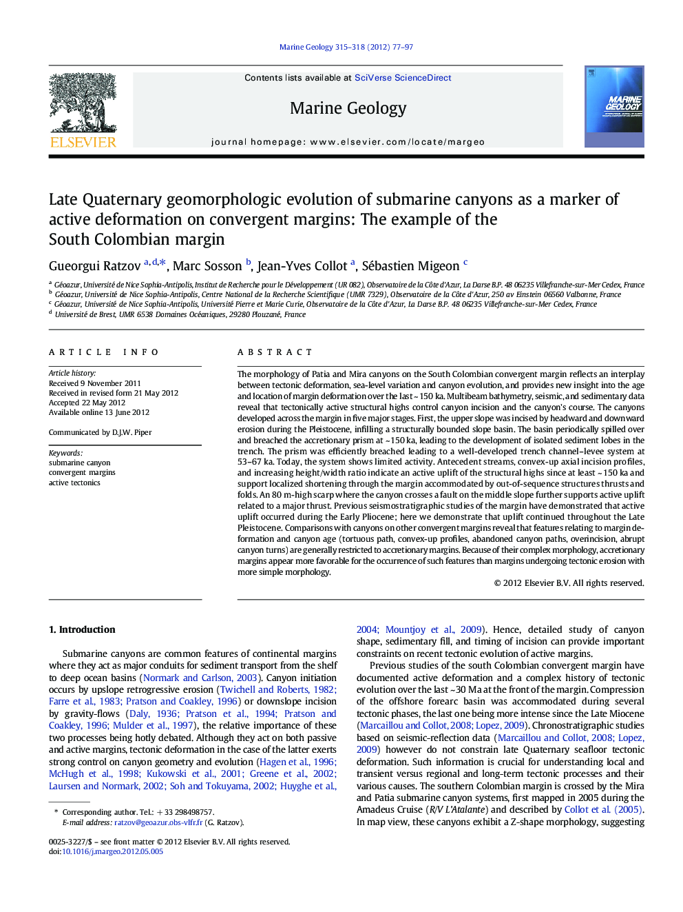 Late Quaternary geomorphologic evolution of submarine canyons as a marker of active deformation on convergent margins: The example of the South Colombian margin