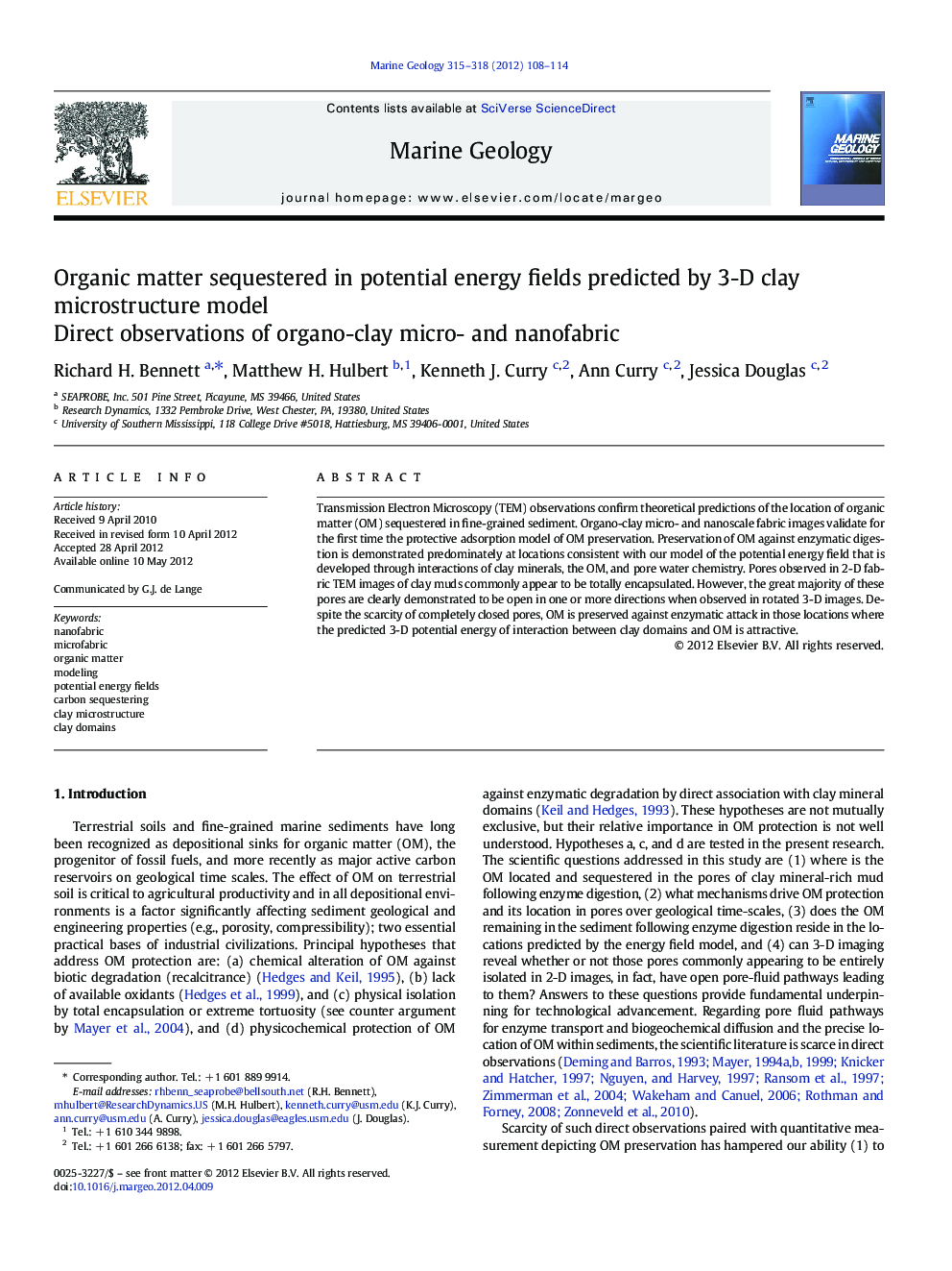 Organic matter sequestered in potential energy fields predicted by 3-D clay microstructure model: Direct observations of organo-clay micro- and nanofabric