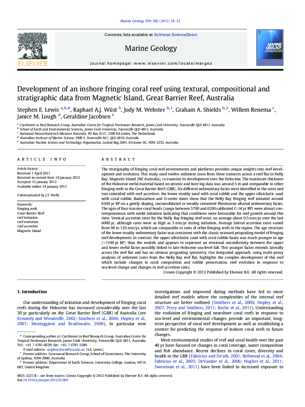 Development of an inshore fringing coral reef using textural, compositional and stratigraphic data from Magnetic Island, Great Barrier Reef, Australia