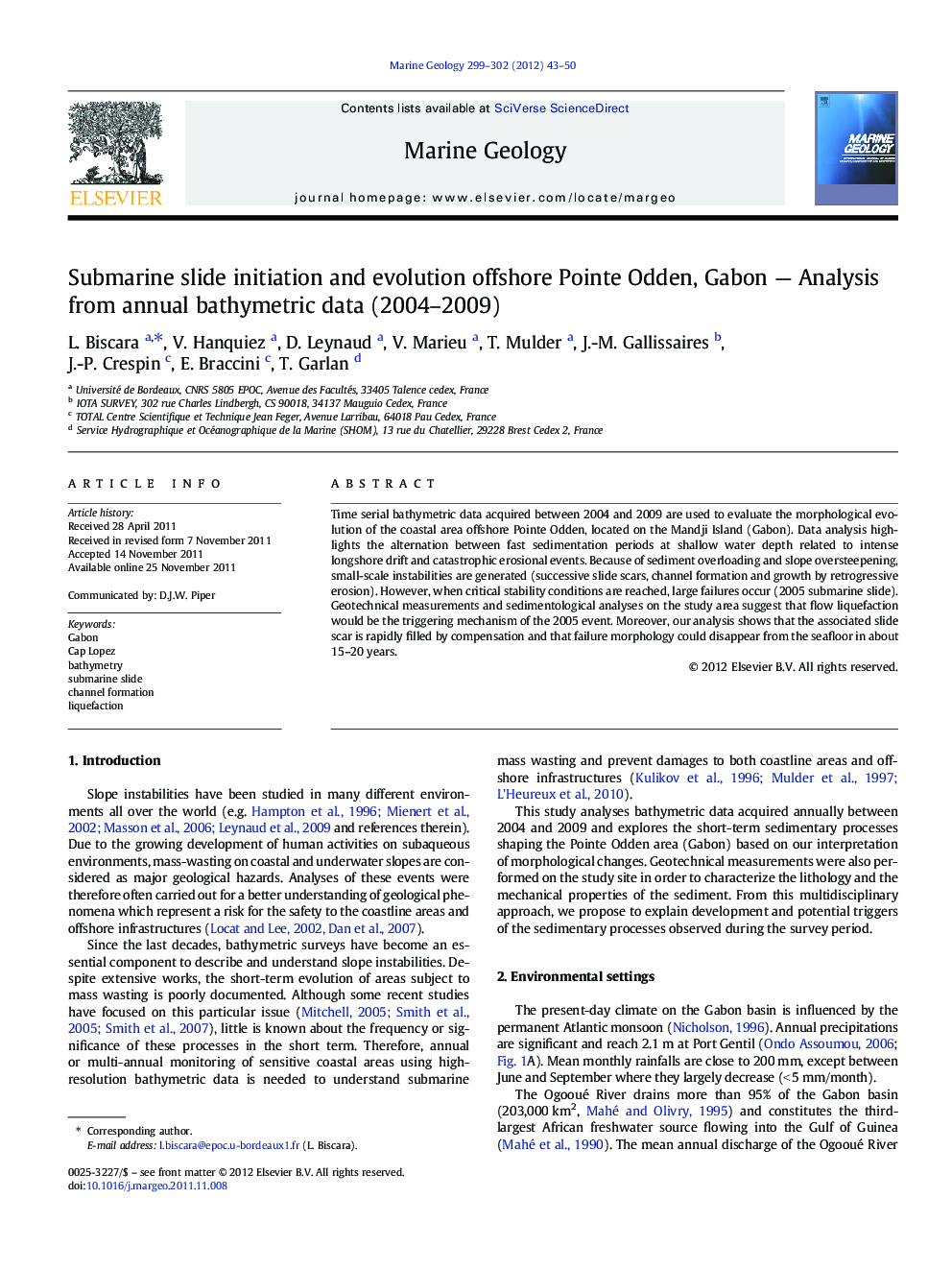 Submarine slide initiation and evolution offshore Pointe Odden, Gabon — Analysis from annual bathymetric data (2004–2009)