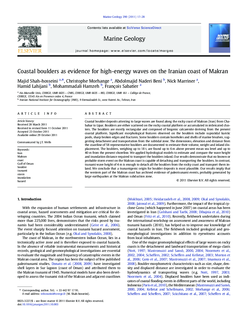 Coastal boulders as evidence for high-energy waves on the Iranian coast of Makran