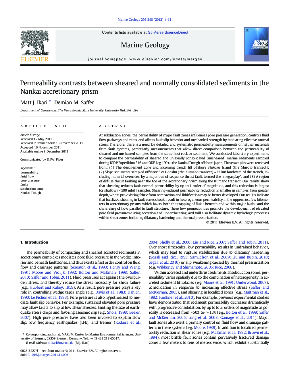 Permeability contrasts between sheared and normally consolidated sediments in the Nankai accretionary prism