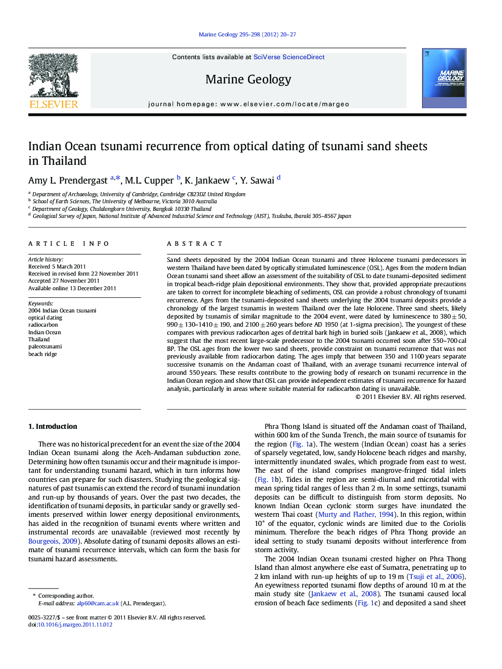 Indian Ocean tsunami recurrence from optical dating of tsunami sand sheets in Thailand