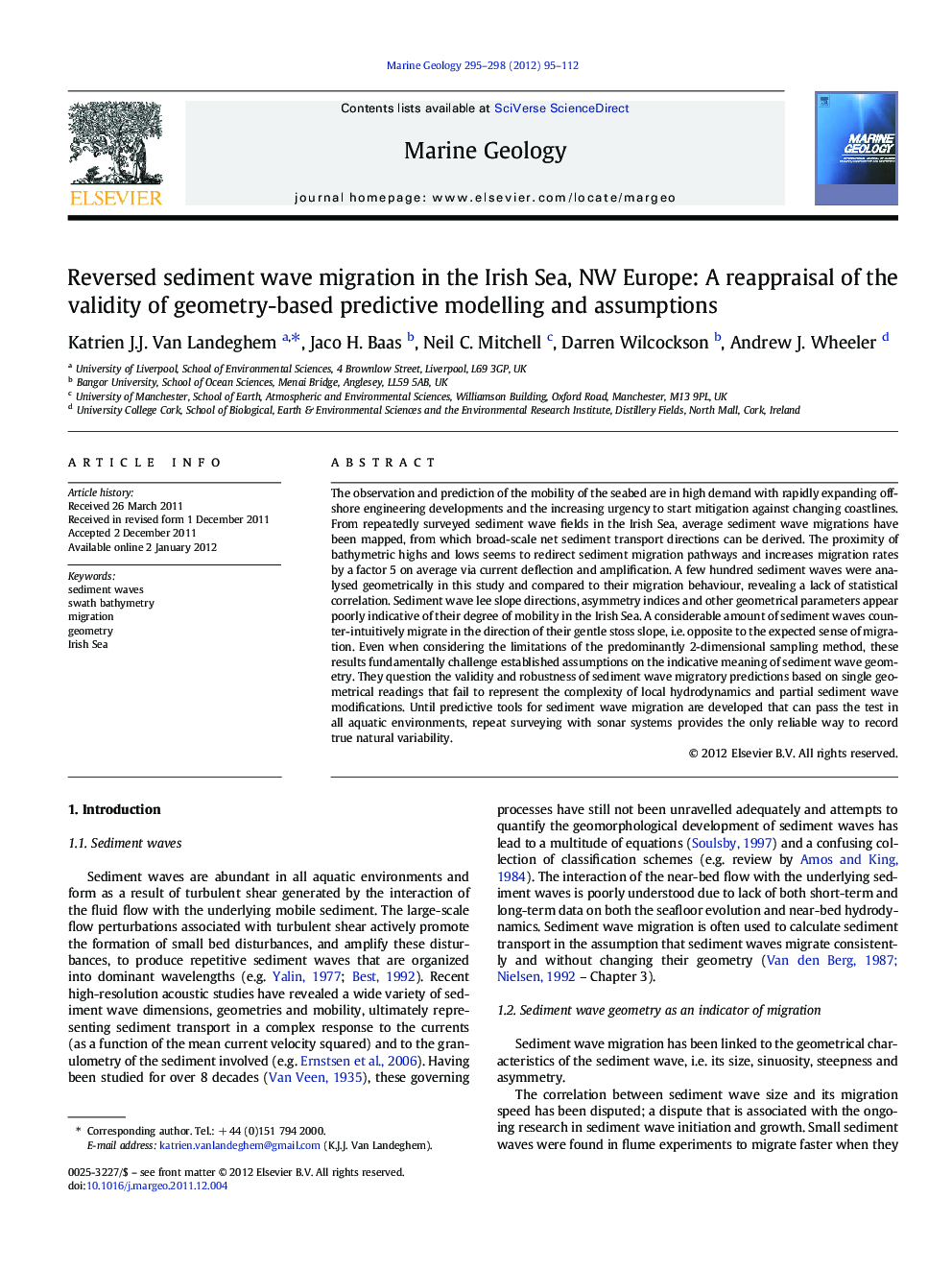 Reversed sediment wave migration in the Irish Sea, NW Europe: A reappraisal of the validity of geometry-based predictive modelling and assumptions