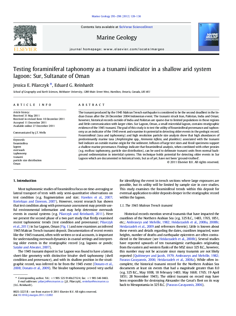 Testing foraminiferal taphonomy as a tsunami indicator in a shallow arid system lagoon: Sur, Sultanate of Oman