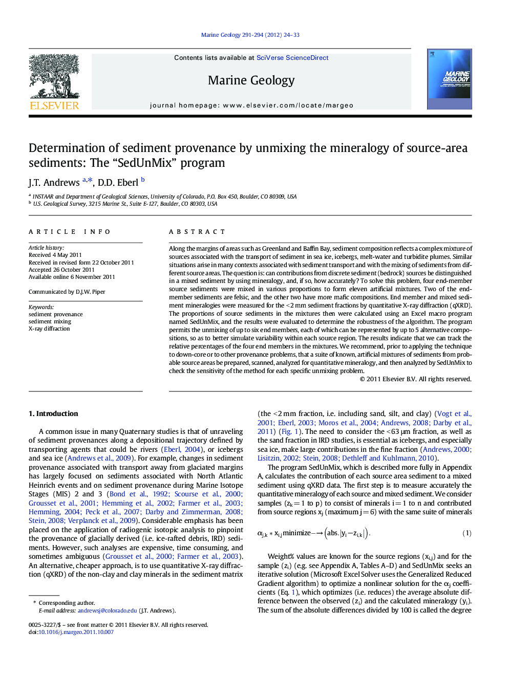 Determination of sediment provenance by unmixing the mineralogy of source-area sediments: The “SedUnMix” program