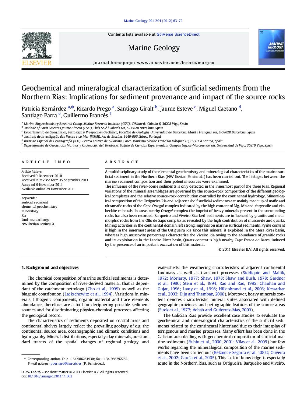 Geochemical and mineralogical characterization of surficial sediments from the Northern Rias: Implications for sediment provenance and impact of the source rocks