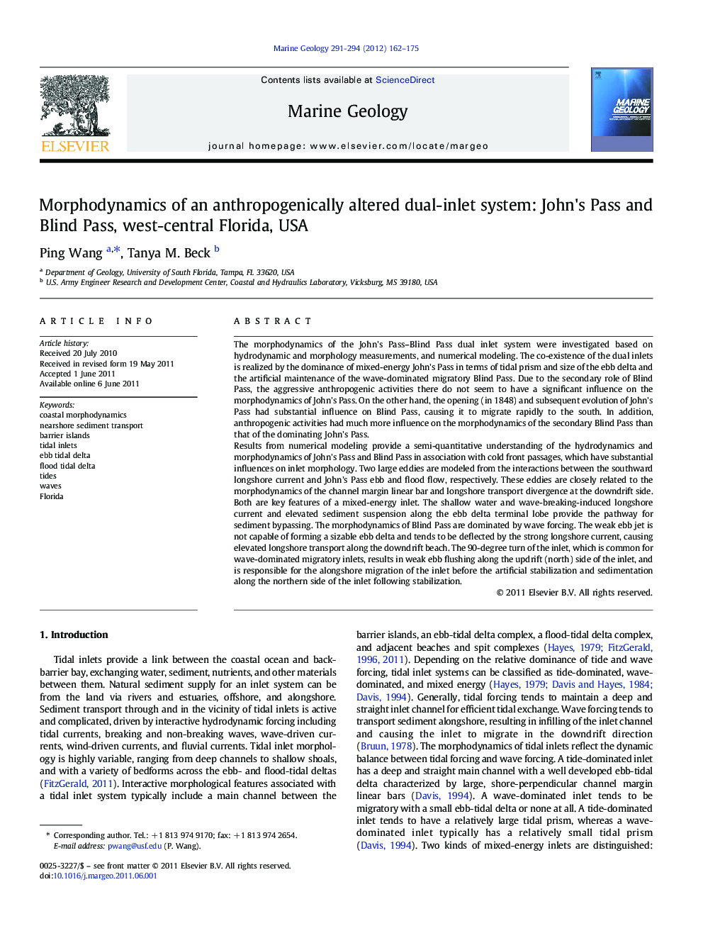 Morphodynamics of an anthropogenically altered dual-inlet system: John's Pass and Blind Pass, west-central Florida, USA