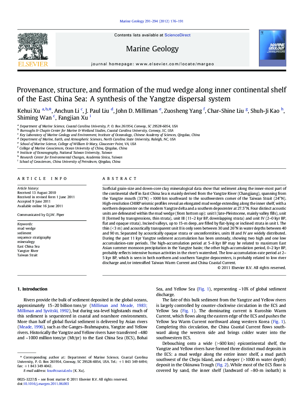 Provenance, structure, and formation of the mud wedge along inner continental shelf of the East China Sea: A synthesis of the Yangtze dispersal system