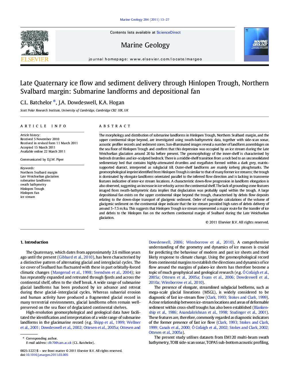 Late Quaternary ice flow and sediment delivery through Hinlopen Trough, Northern Svalbard margin: Submarine landforms and depositional fan