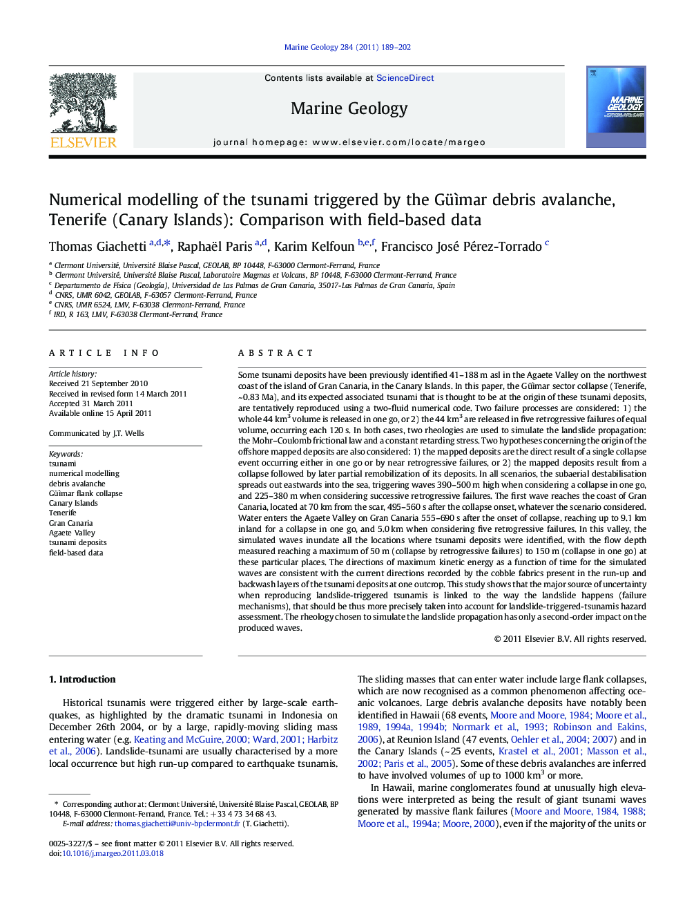 Numerical modelling of the tsunami triggered by the Güìmar debris avalanche, Tenerife (Canary Islands): Comparison with field-based data