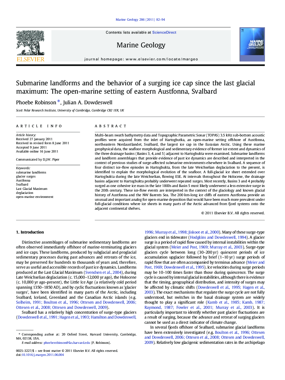 Submarine landforms and the behavior of a surging ice cap since the last glacial maximum: The open-marine setting of eastern Austfonna, Svalbard