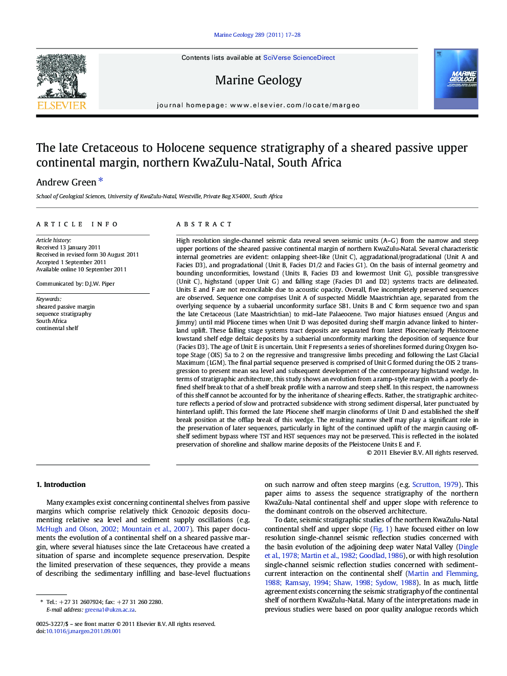 The late Cretaceous to Holocene sequence stratigraphy of a sheared passive upper continental margin, northern KwaZulu-Natal, South Africa