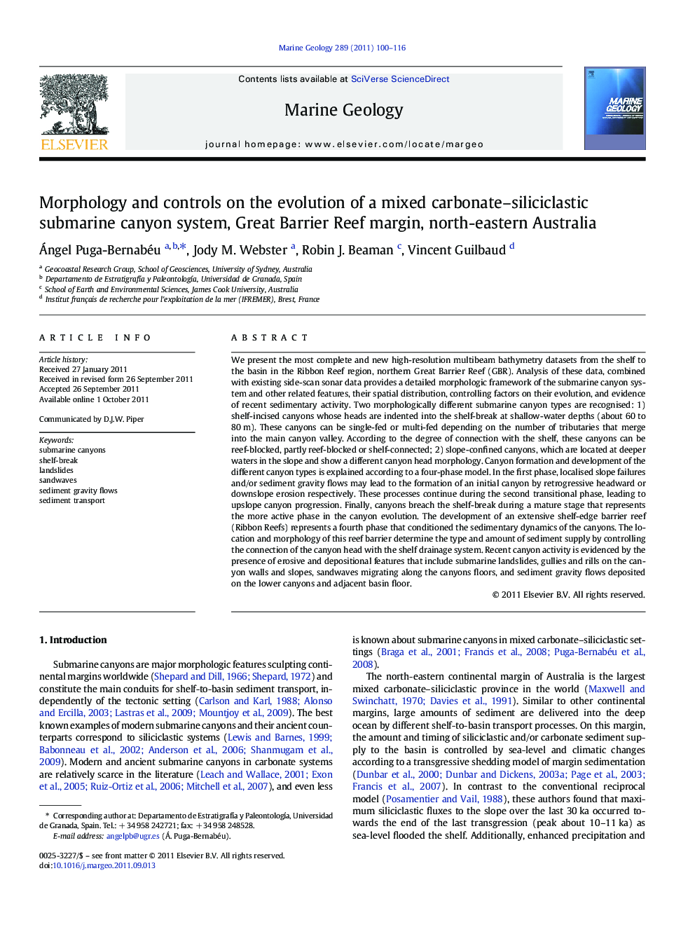 Morphology and controls on the evolution of a mixed carbonate–siliciclastic submarine canyon system, Great Barrier Reef margin, north-eastern Australia