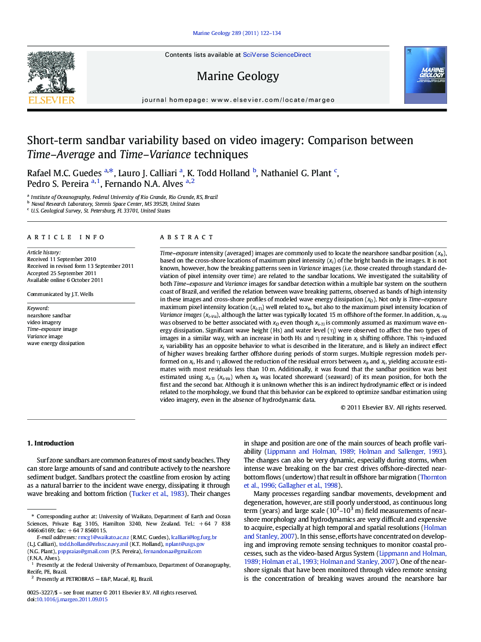 Short-term sandbar variability based on video imagery: Comparison between Time–Average and Time–Variance techniques