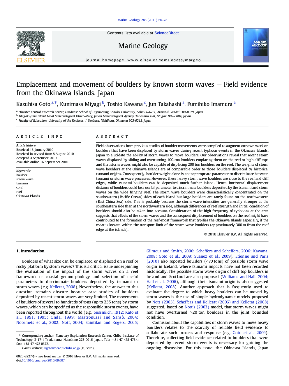 Emplacement and movement of boulders by known storm waves - Field evidence from the Okinawa Islands, Japan