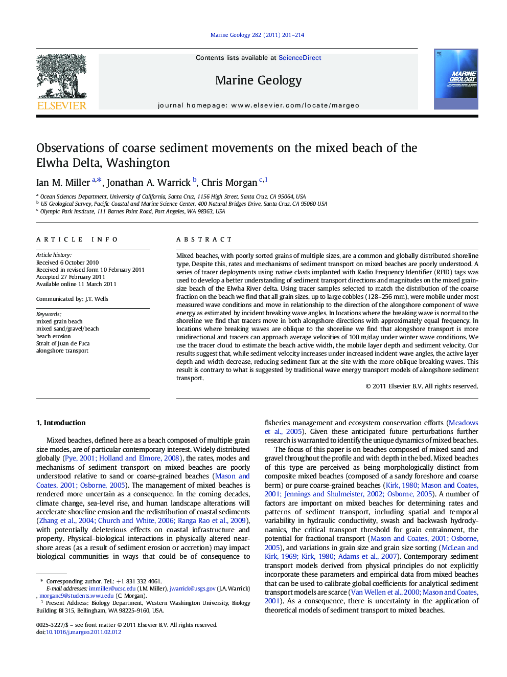 Observations of coarse sediment movements on the mixed beach of the Elwha Delta, Washington