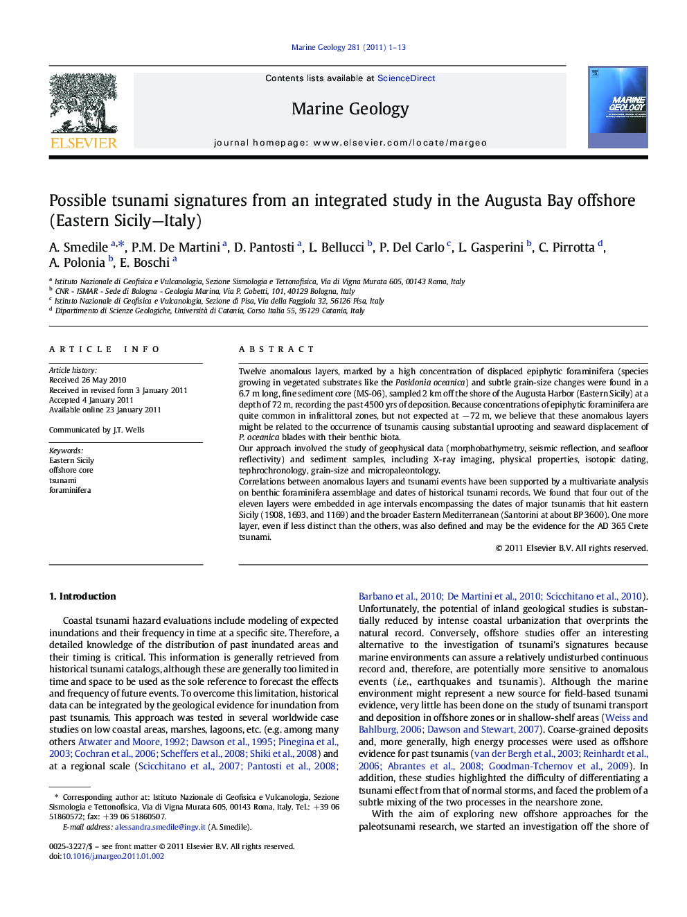 Possible tsunami signatures from an integrated study in the Augusta Bay offshore (Eastern Sicily—Italy)