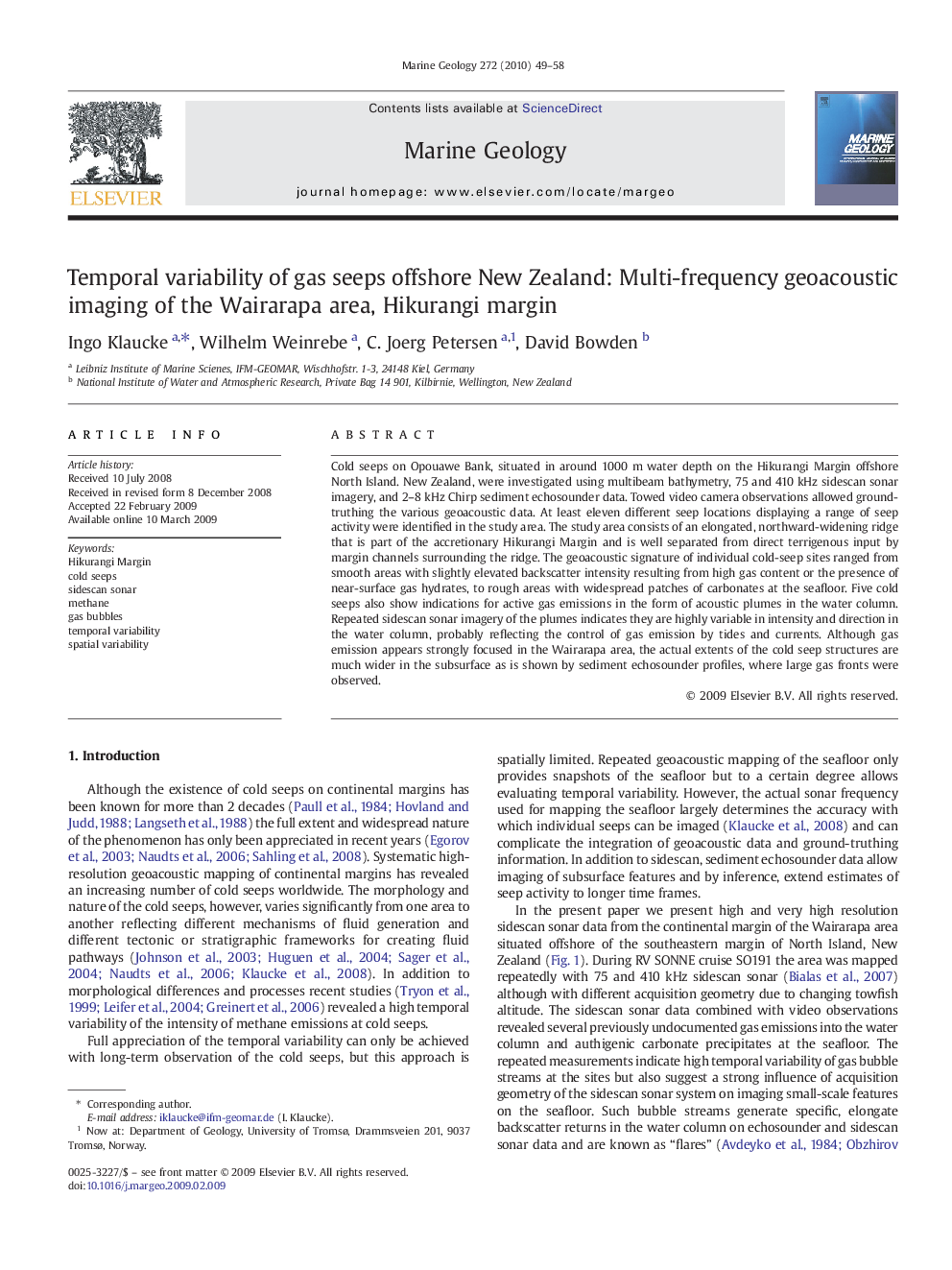 Temporal variability of gas seeps offshore New Zealand: Multi-frequency geoacoustic imaging of the Wairarapa area, Hikurangi margin