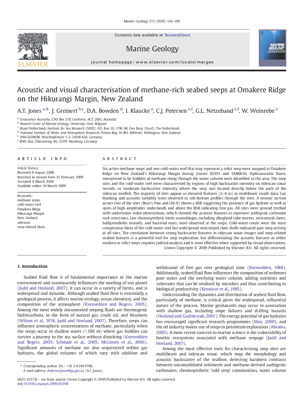 Acoustic and visual characterisation of methane-rich seabed seeps at Omakere Ridge on the Hikurangi Margin, New Zealand