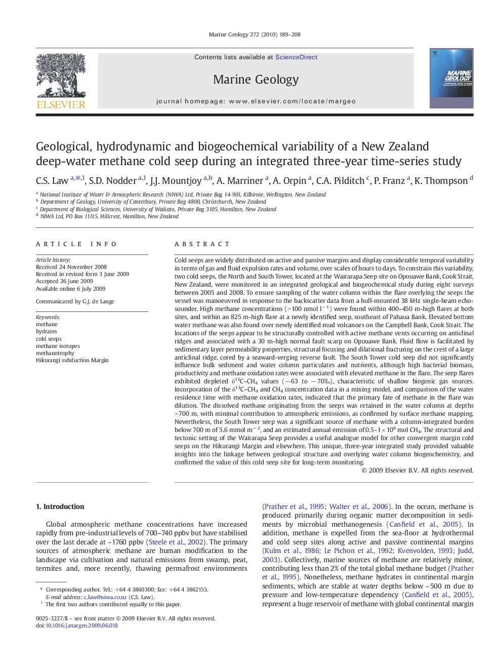 Geological, hydrodynamic and biogeochemical variability of a New Zealand deep-water methane cold seep during an integrated three-year time-series study