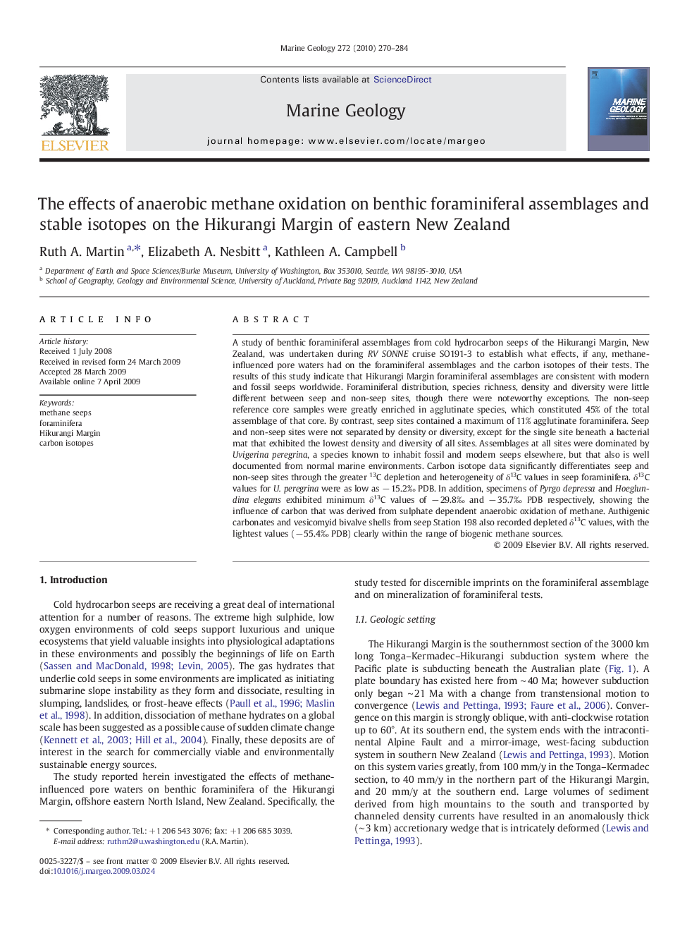 The effects of anaerobic methane oxidation on benthic foraminiferal assemblages and stable isotopes on the Hikurangi Margin of eastern New Zealand