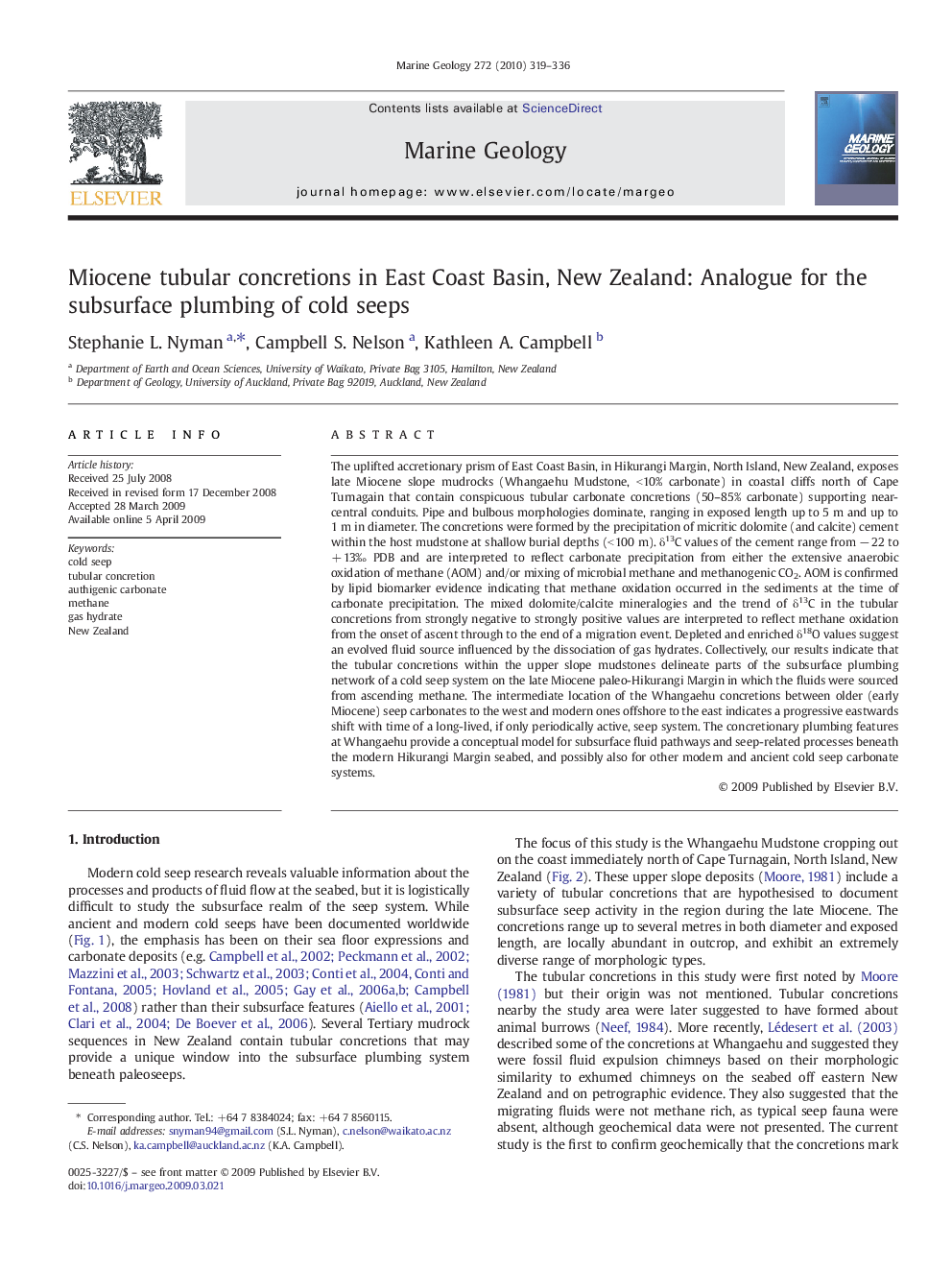 Miocene tubular concretions in East Coast Basin, New Zealand: Analogue for the subsurface plumbing of cold seeps