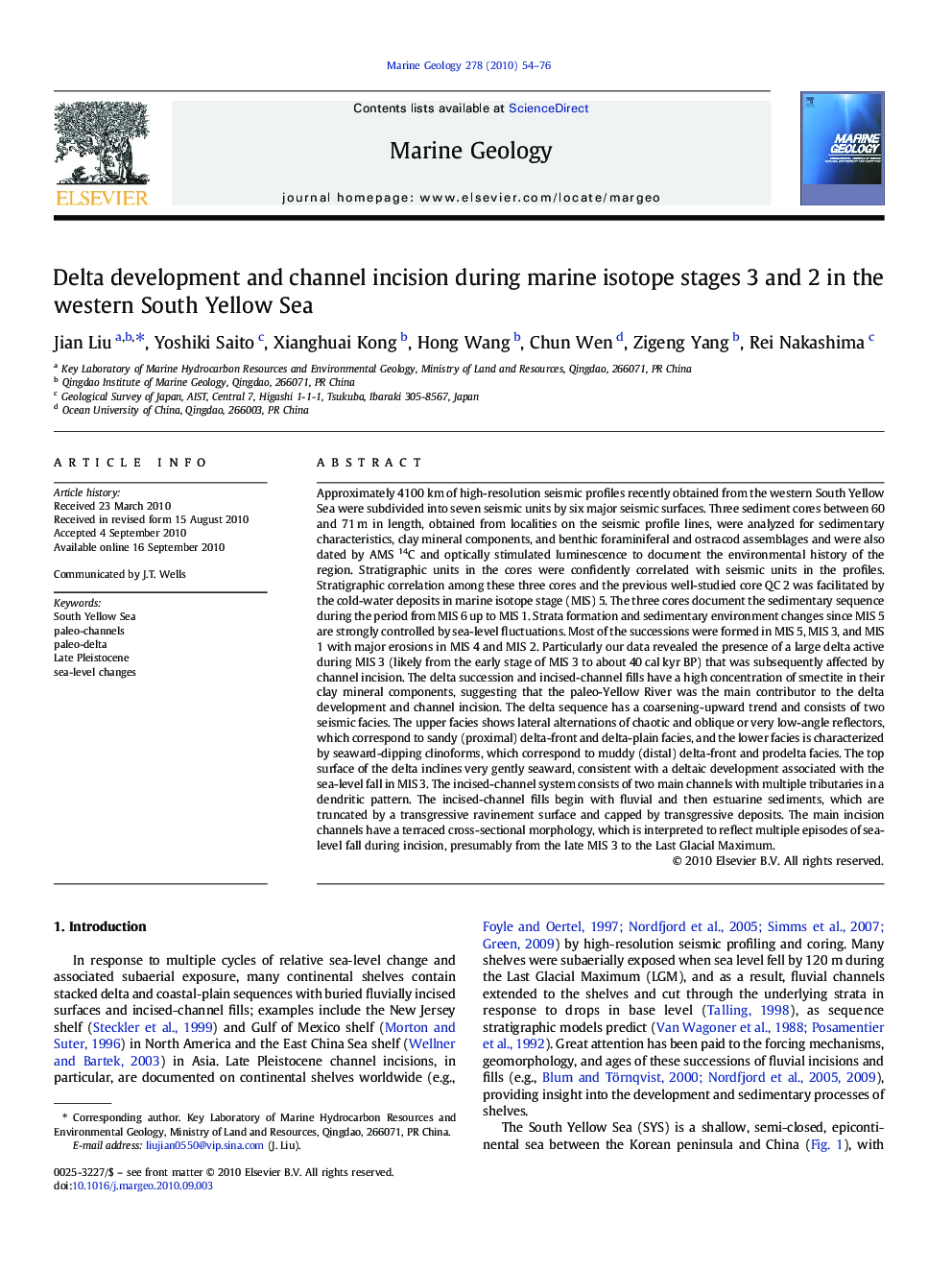 Delta development and channel incision during marine isotope stages 3 and 2 in the western South Yellow Sea