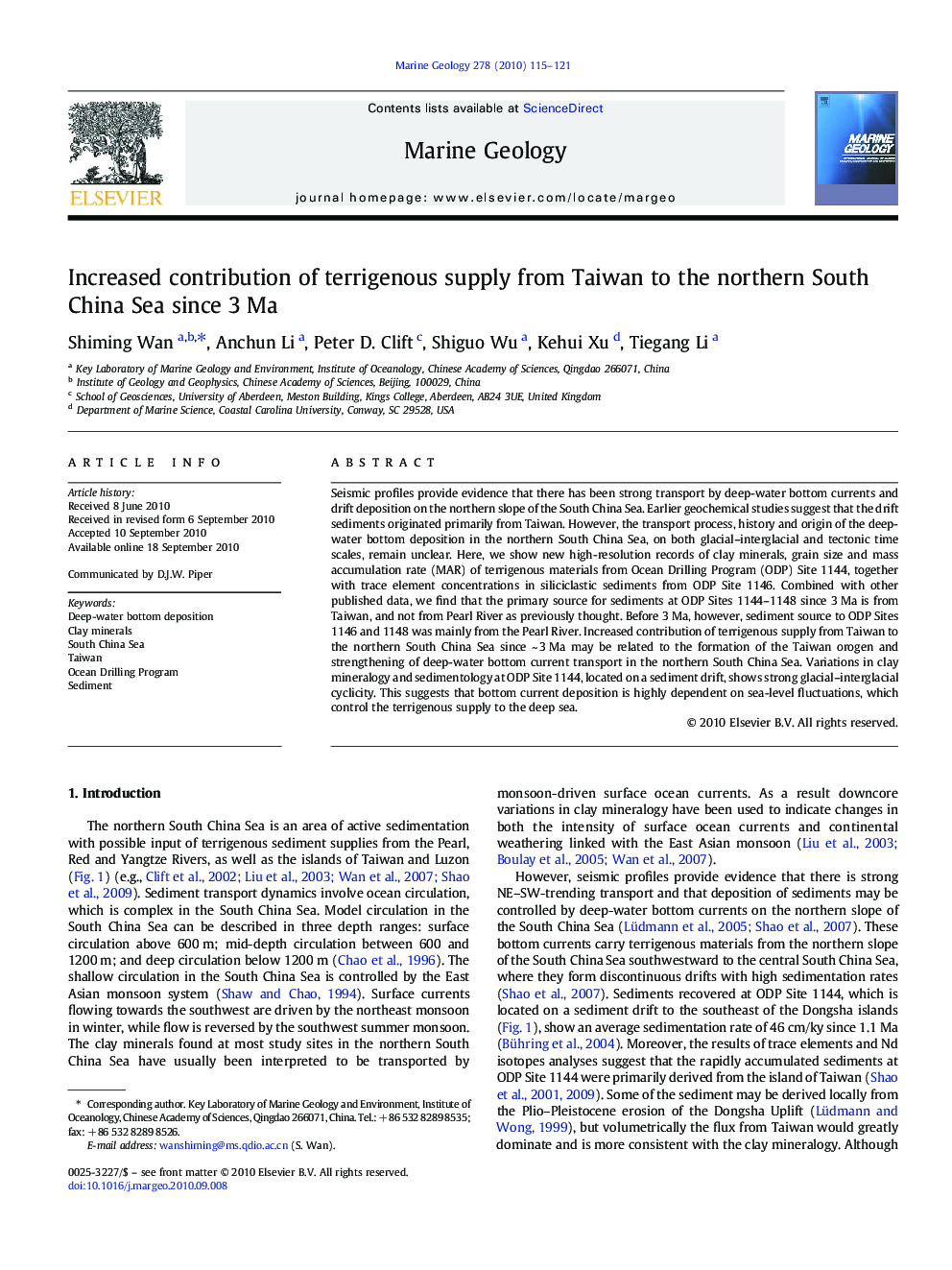 Increased contribution of terrigenous supply from Taiwan to the northern South China Sea since 3 Ma