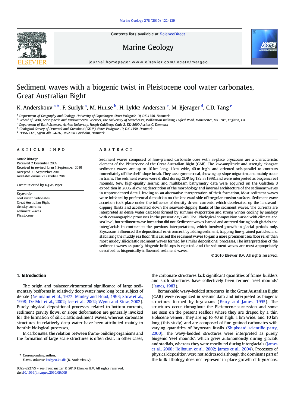 Sediment waves with a biogenic twist in Pleistocene cool water carbonates, Great Australian Bight