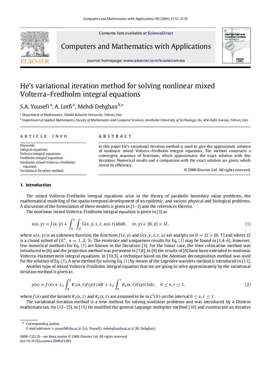 He’s variational iteration method for solving nonlinear mixed Volterra–Fredholm integral equations