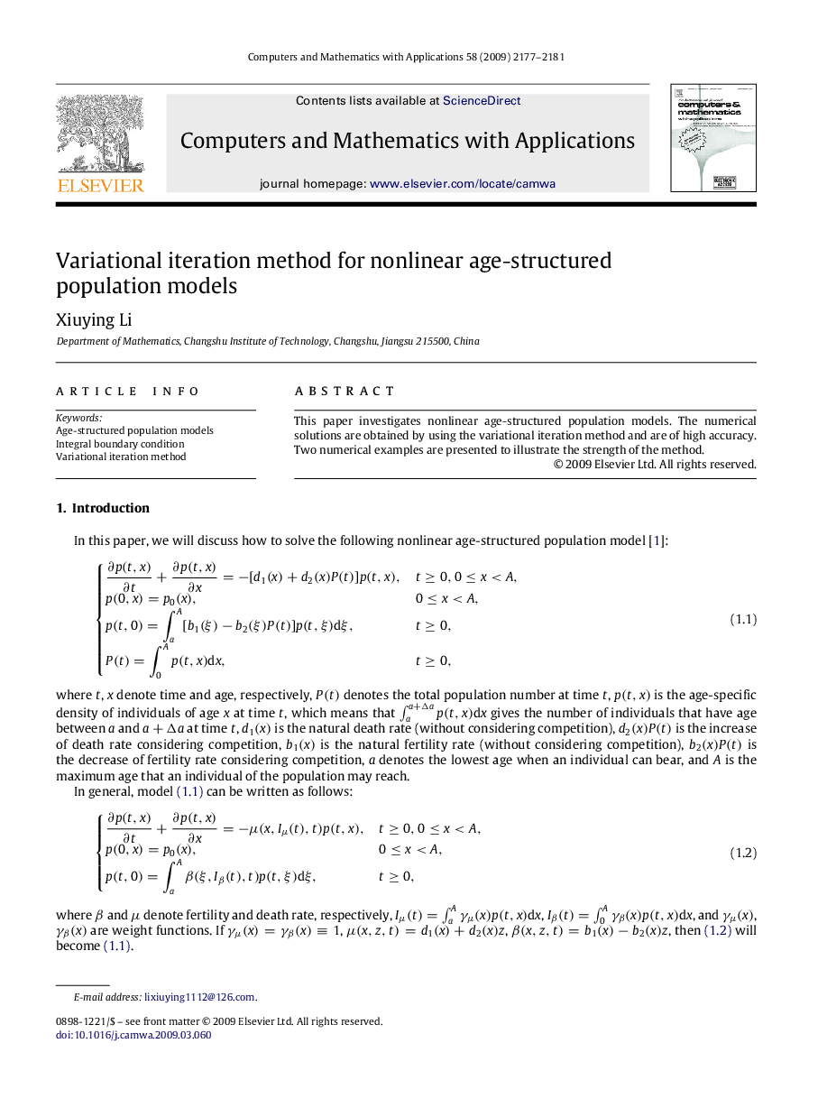 Variational iteration method for nonlinear age-structured population models