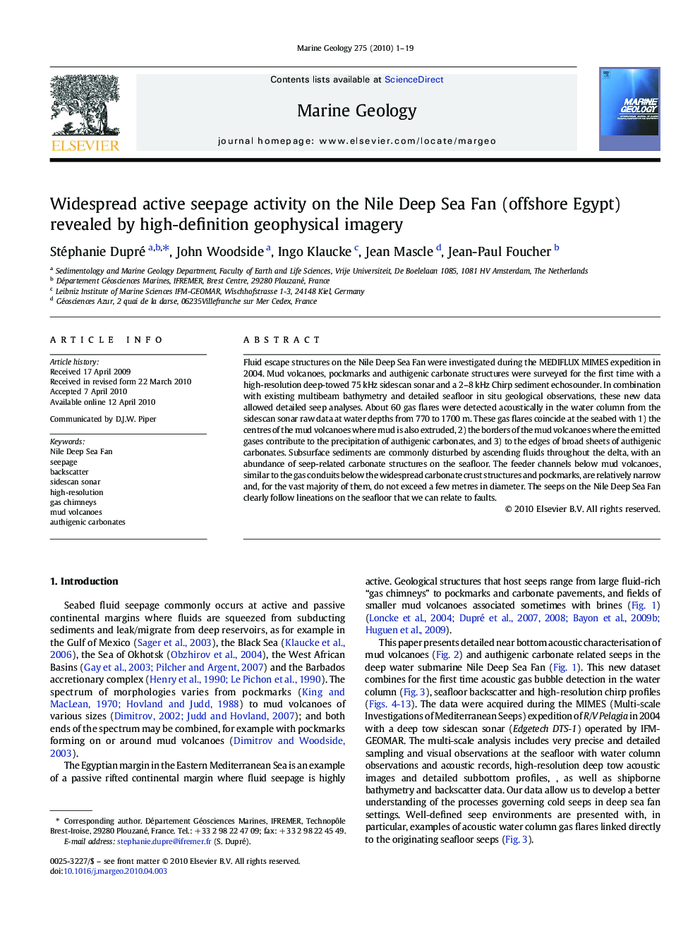 Widespread active seepage activity on the Nile Deep Sea Fan (offshore Egypt) revealed by high-definition geophysical imagery