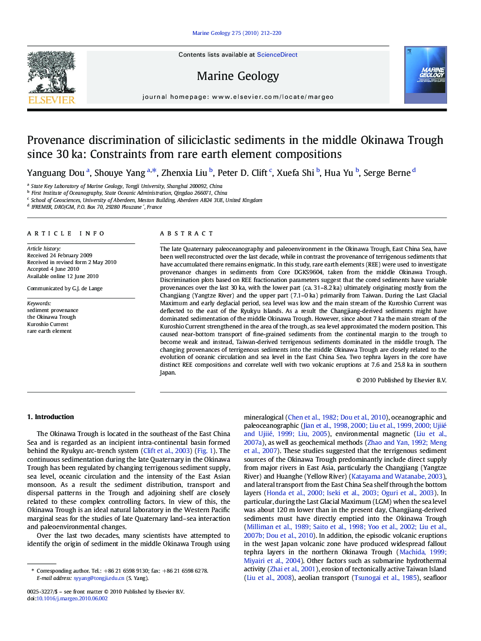 Provenance discrimination of siliciclastic sediments in the middle Okinawa Trough since 30 ka: Constraints from rare earth element compositions