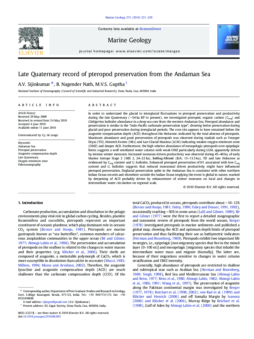 Late Quaternary record of pteropod preservation from the Andaman Sea