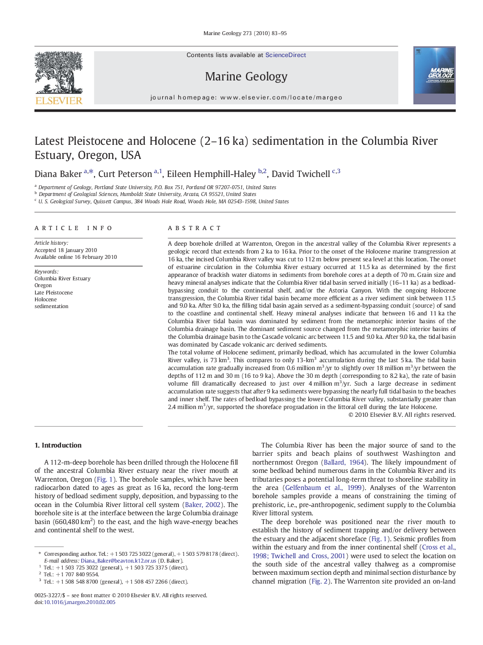 Latest Pleistocene and Holocene (2-16Â ka) sedimentation in the Columbia River Estuary, Oregon, USA