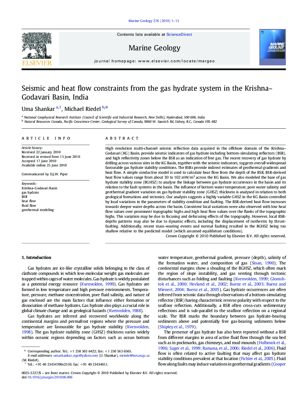 Seismic and heat flow constraints from the gas hydrate system in the Krishna–Godavari Basin, India