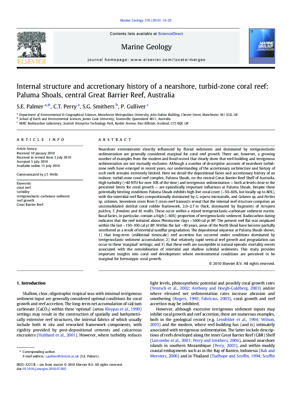 Internal structure and accretionary history of a nearshore, turbid-zone coral reef: Paluma Shoals, central Great Barrier Reef, Australia