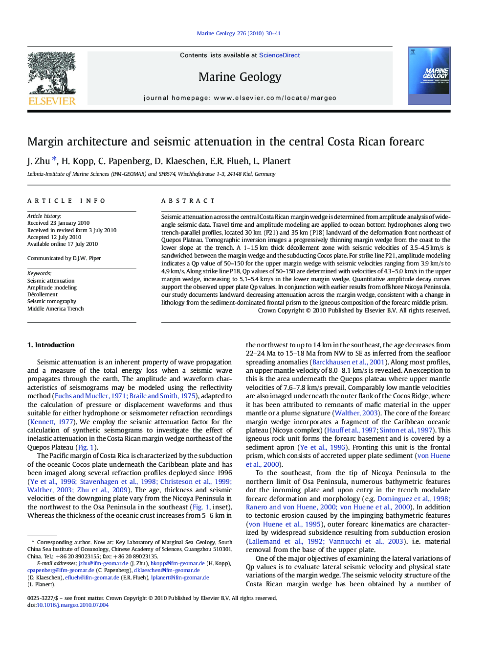 Margin architecture and seismic attenuation in the central Costa Rican forearc