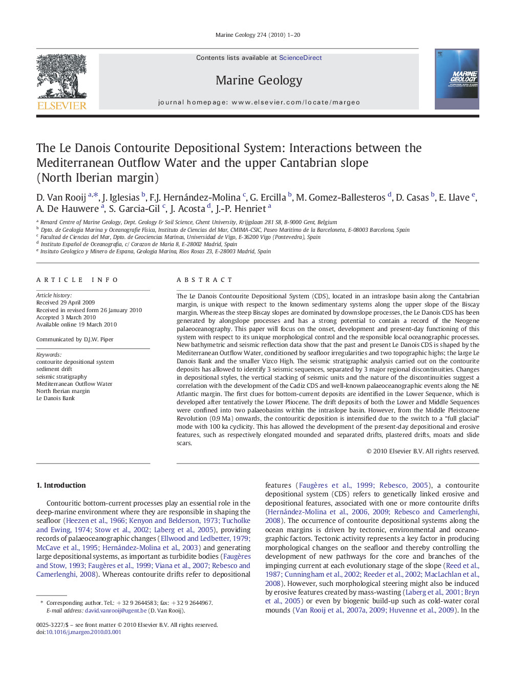 The Le Danois Contourite Depositional System: Interactions between the Mediterranean Outflow Water and the upper Cantabrian slope (North Iberian margin)