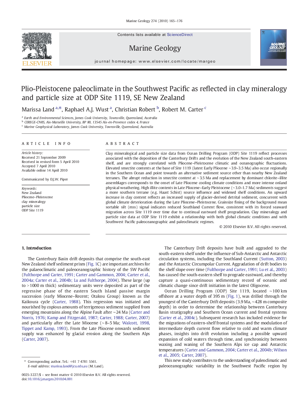 Plio-Pleistocene paleoclimate in the Southwest Pacific as reflected in clay mineralogy and particle size at ODP Site 1119, SE New Zealand