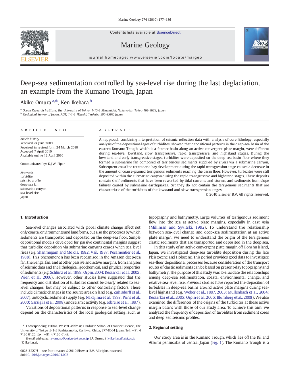 Deep-sea sedimentation controlled by sea-level rise during the last deglaciation, an example from the Kumano Trough, Japan