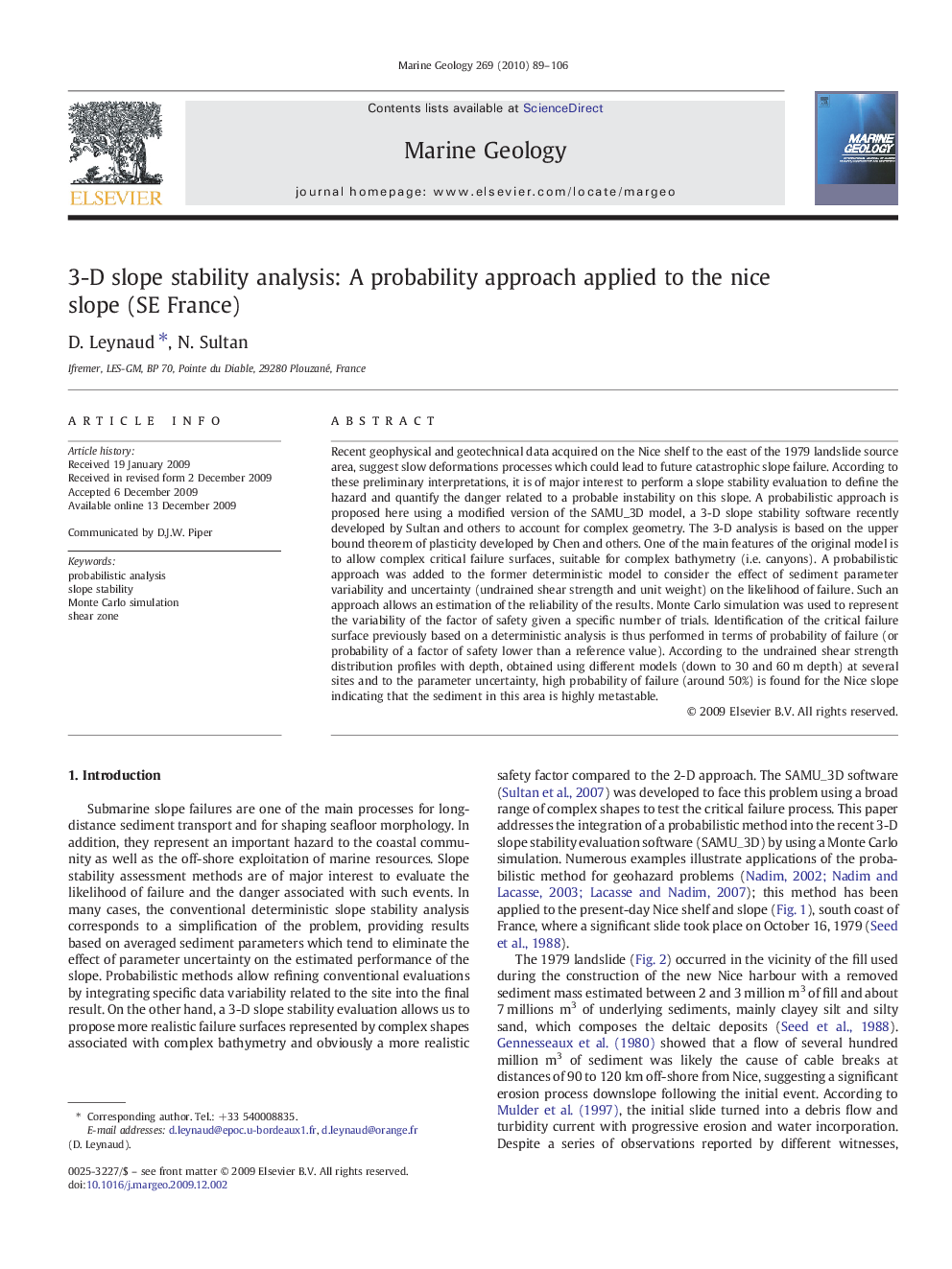 3-D slope stability analysis: A probability approach applied to the nice slope (SE France)