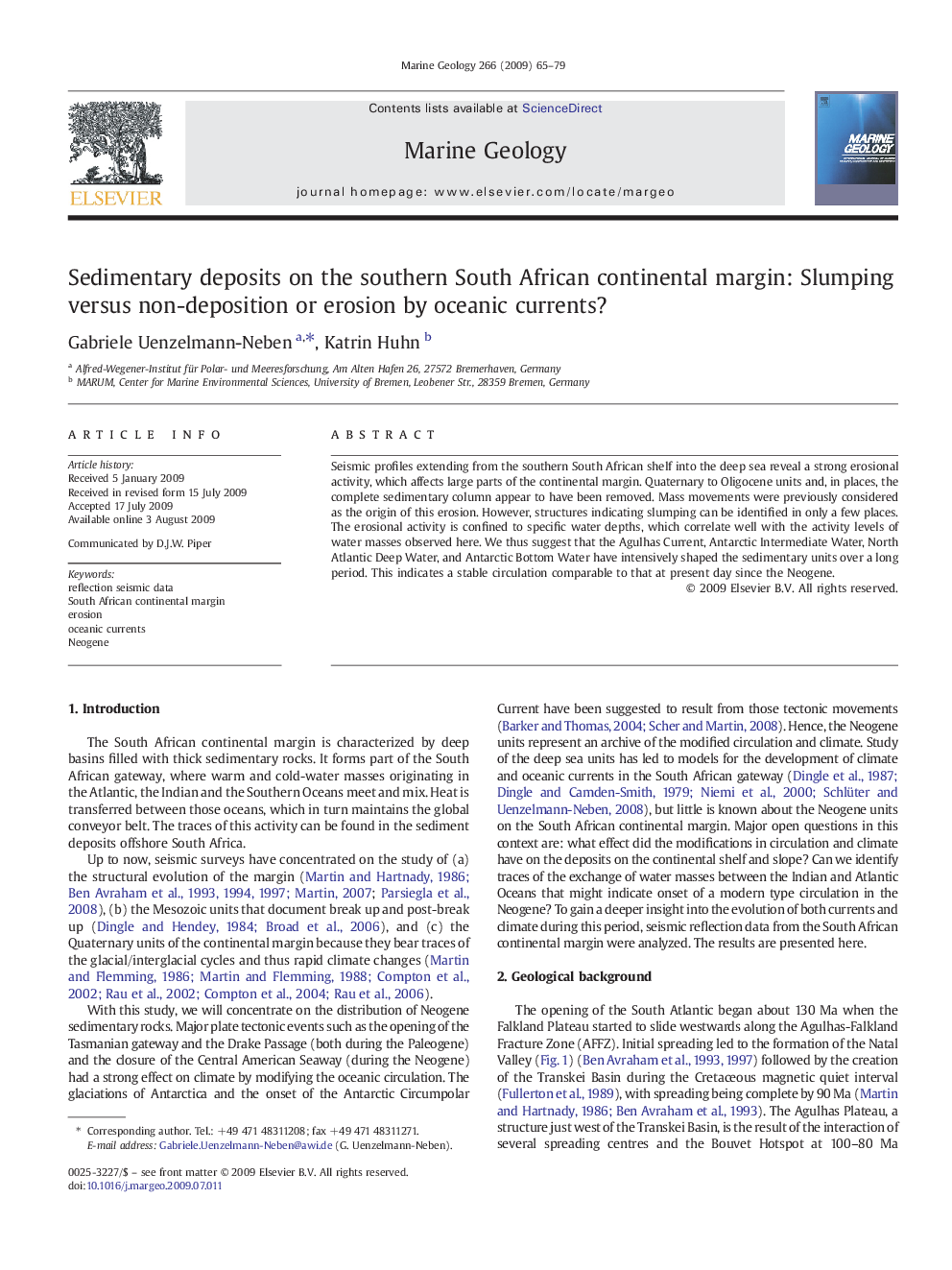 Sedimentary deposits on the southern South African continental margin: Slumping versus non-deposition or erosion by oceanic currents?