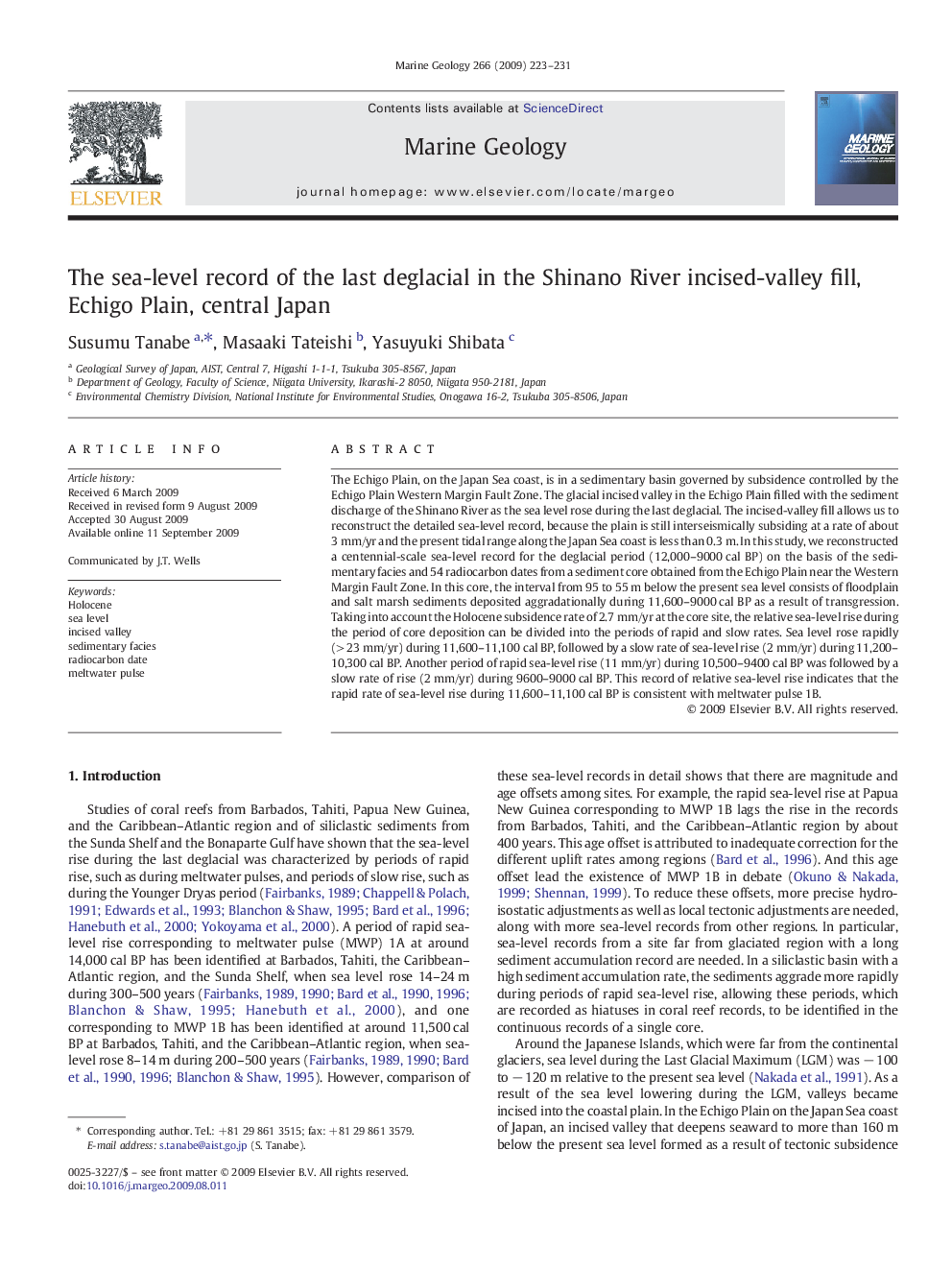 The sea-level record of the last deglacial in the Shinano River incised-valley fill, Echigo Plain, central Japan