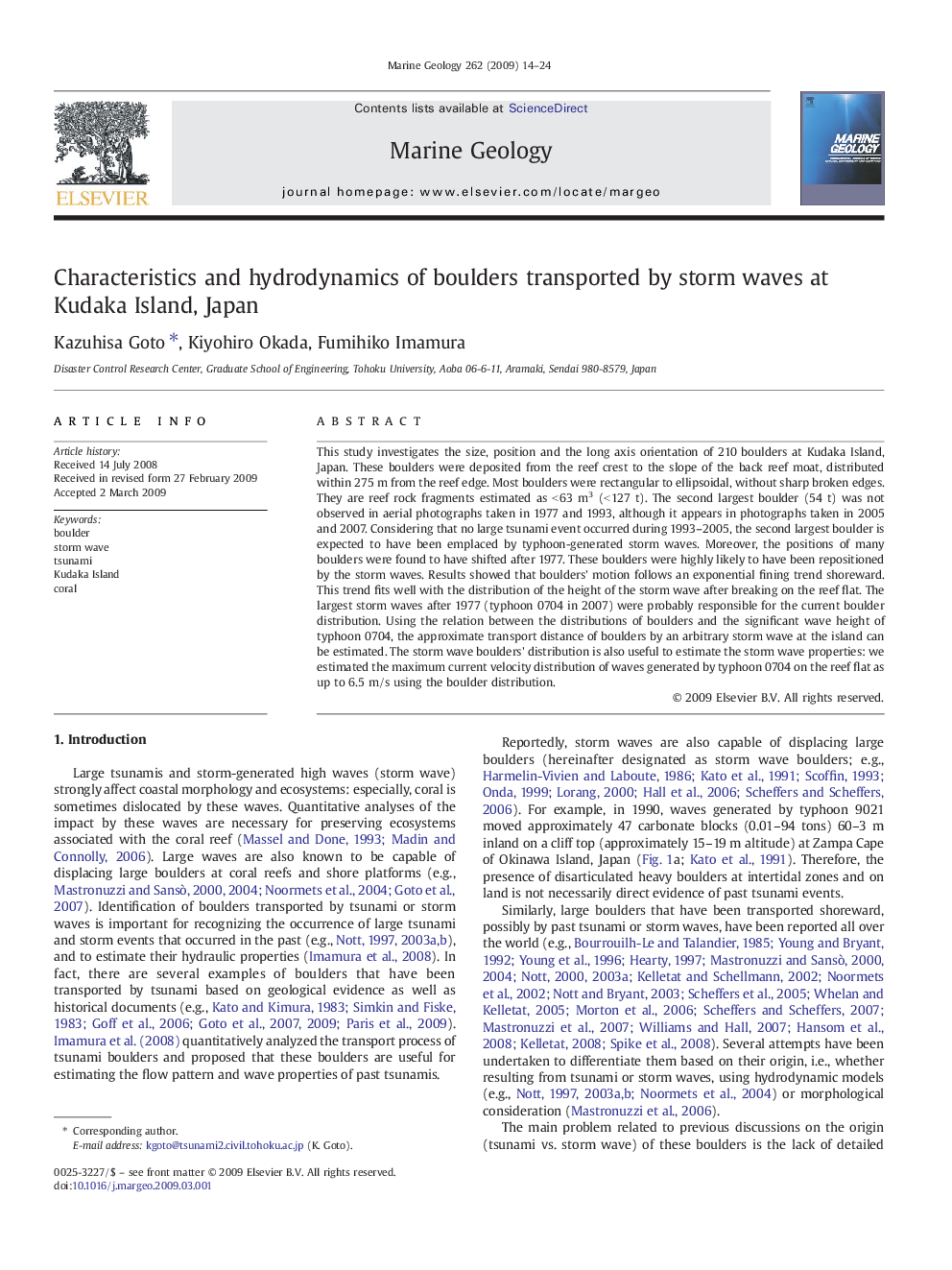 Characteristics and hydrodynamics of boulders transported by storm waves at Kudaka Island, Japan