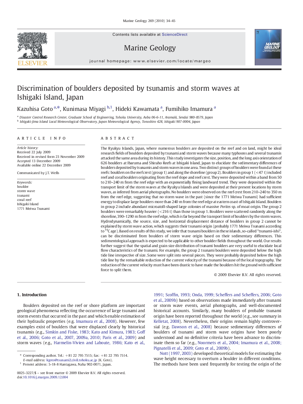 Discrimination of boulders deposited by tsunamis and storm waves at Ishigaki Island, Japan