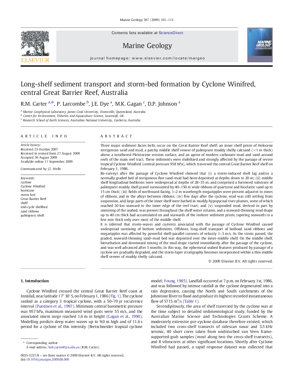 Long-shelf sediment transport and storm-bed formation by Cyclone Winifred, central Great Barrier Reef, Australia