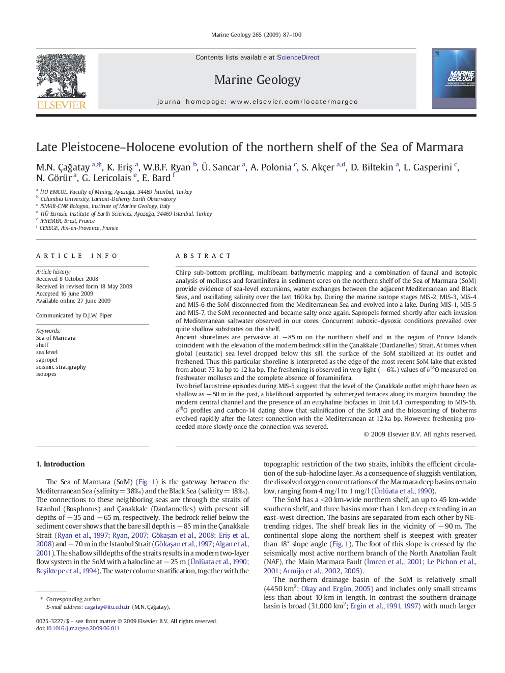 Late Pleistocene-Holocene evolution of the northern shelf of the Sea of Marmara